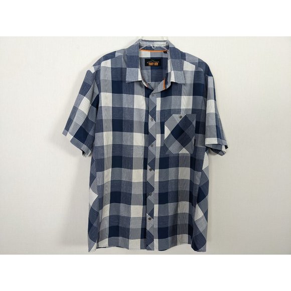 TROUT BUM Orvis short sleeved blue plaid button‎ front shirt sz XL - Picture 1 of 11